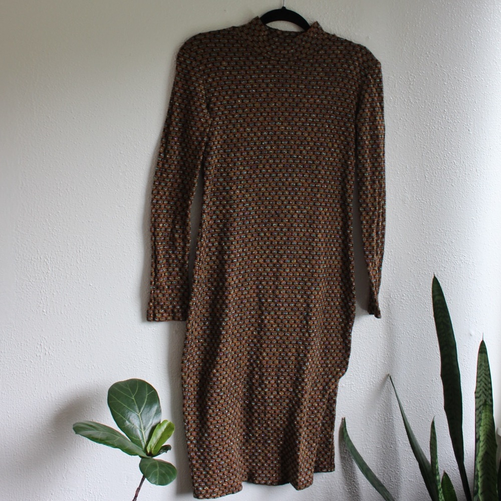 Zara Textured Knit Midi Dress Long Sleeve Metallic and Black